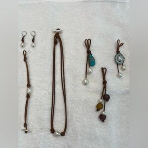 Freshwater Pearl & Leather Jewelry - Necklace, 3 Enhancers, Bracelet, Earrings